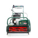 Front view of Allett Kensington 20H petrol cylinder mower with red cutting reel, British flag branding, and rear roller for professional striped lawns.