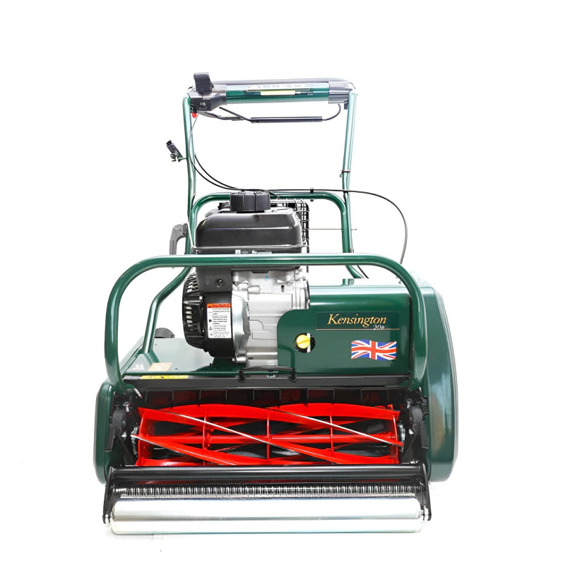 Front view of Allett Kensington 20H petrol cylinder mower with red cutting reel, British flag branding, and rear roller for professional striped lawns.