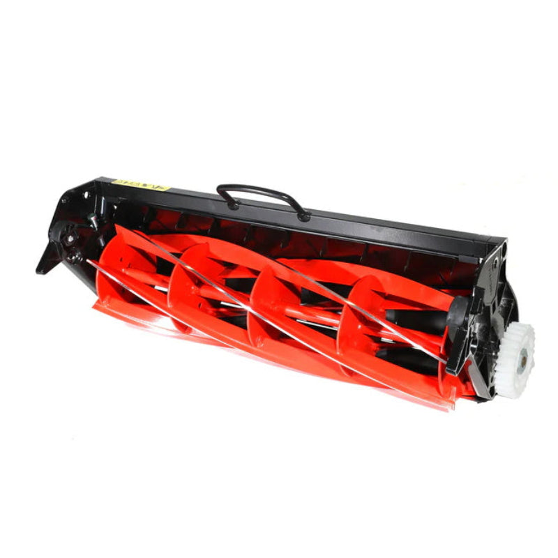 A vibrant red 6-blade cylinder mowing cartridge designed for the Kensington 20 mower, displayed against a stark white background. The spiral blades are mounted within a sturdy black metal frame featuring a top handle and a white plastic drive gear on the right.
