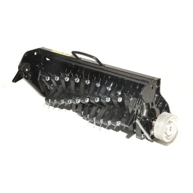 The Allett Stirling 43 Scarifier Cartridge features a rotating cylinder equipped with numerous silver spring tines mounted on black plastic holders. Encased in a durable black frame with a top handle and silver drive gear, it is shown against a plain white background.