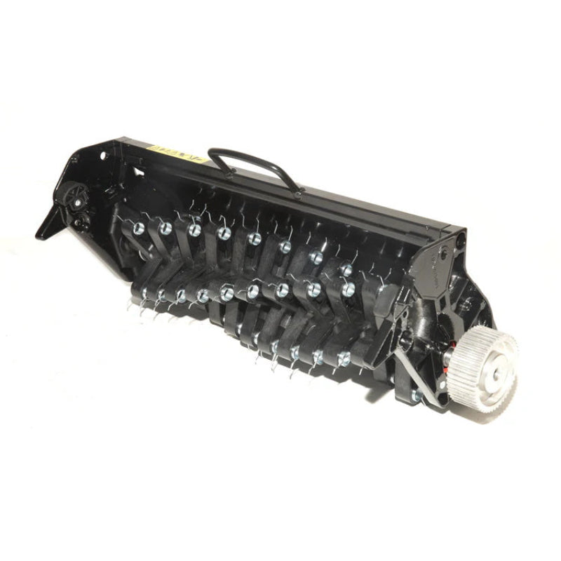 The Allett Stirling 43 Scarifier Cartridge features a rotating cylinder equipped with numerous silver spring tines mounted on black plastic holders. Encased in a durable black frame with a top handle and silver drive gear, it is shown against a plain white background.