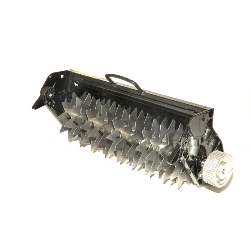 An Allett Stirling 43 Verticutter Cartridge features a dense series of closely spaced, star-shaped silver blades designed for vertical mowing. The assembly is housed in a robust black frame with a top handle and a silver drive gear on the right end, shown against a plain white background.