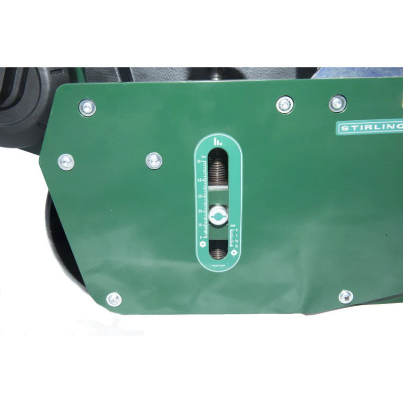 Side view of the Allett Stirling 51 mower showing the precision cutting height gauge with millimeter markings for accurate lawn adjustment.