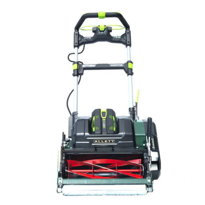 Front view of the Allett Stirling 51 20-inch battery mower showcasing precision cutting reel, dual battery system, and robust front roller for a professional finish.