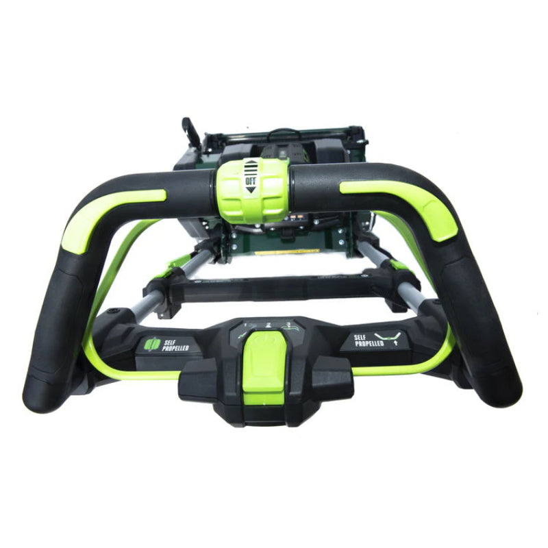 Close-up of the Allett Stirling 51 mower handle showing ergonomic controls, self-propelled drive adjustment, and safety power switch for user-friendly operation.