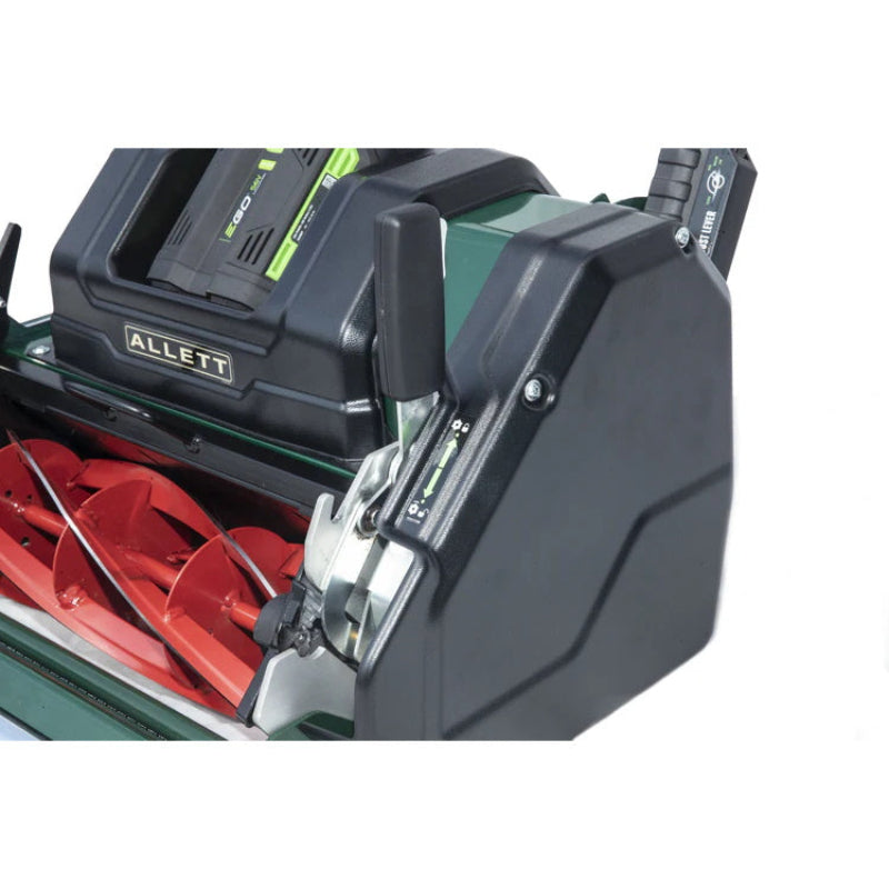 Close-up of the Allett Stirling 51 20-inch mower showing the precision height adjustment lever and red cutting reel for customizable, professional lawn finishes.