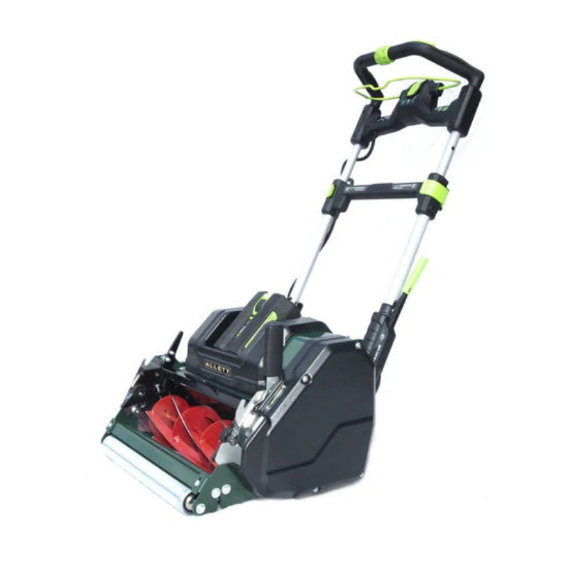 Allett Stirling 51 20-inch battery-powered cylinder mower featuring precision cutting reel, ergonomic controls, and durable alloy chassis for professional-grade lawns.