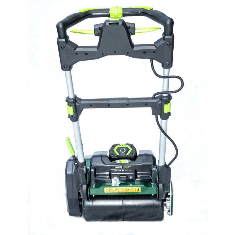 Rear view of the Allett Stirling 51 20-inch battery mower showing ergonomic handle, power controls, and smooth rear roller for perfect lawn stripes.