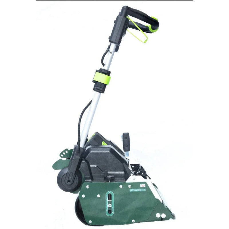 Side profile of the Allett Stirling 51 20-inch premium battery-powered mower showing ergonomic handle design and durable green alloy chassis.