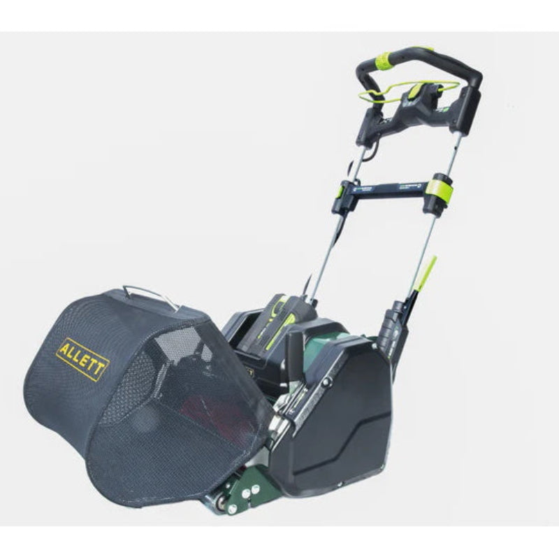 Allett Stirling 51 20-inch battery mower equipped with mesh grass catcher, ergonomic handle, and precision-engineered reel for clean, professional lawn stripes.