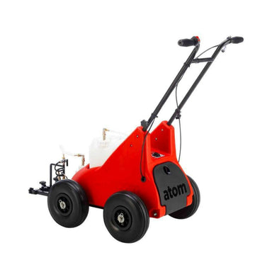 Rear view of Atom linemarking machine with durable red body, black puncture-proof tyres, and ergonomic handle. Designed for sports fields, car parks, and turf marking, this machine ensures precision line marking with easy maneuverability and long-lasting performance.