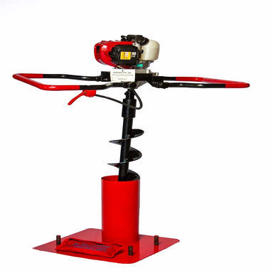 Bullmax BMEAFH-H50HD two-person earth auger with wide folding red-and-black handlebar, mounted Honda GX engine, and downward-facing auger bit. Unit is positioned on a red stabilizing platform; note that the stand is not included. Ideal for collaborative post hole digging in tough soil.stand not included
