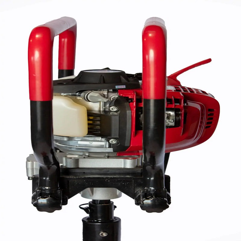 Rear view of Bullmax BMEAFH-H50HD earth auger with red-and-black folding handles in upright position, exposing the Honda GX engine and fuel tank. Image highlights the unit’s compact storage capability and robust construction.