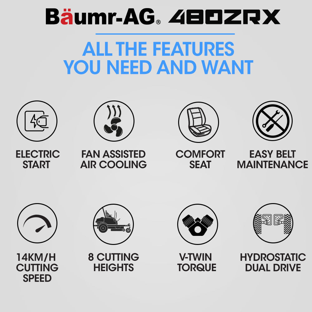 Baumr-AG 48' zero turn ride on lawn mower MOWRIDBMZ48A features