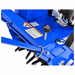 Crommelin 530HP Bluebird Lawn Aerator 19 close-up showing the adjustable depth control knob, blue steel housing, safety labels, handle mounting hardware and visible coring tines.