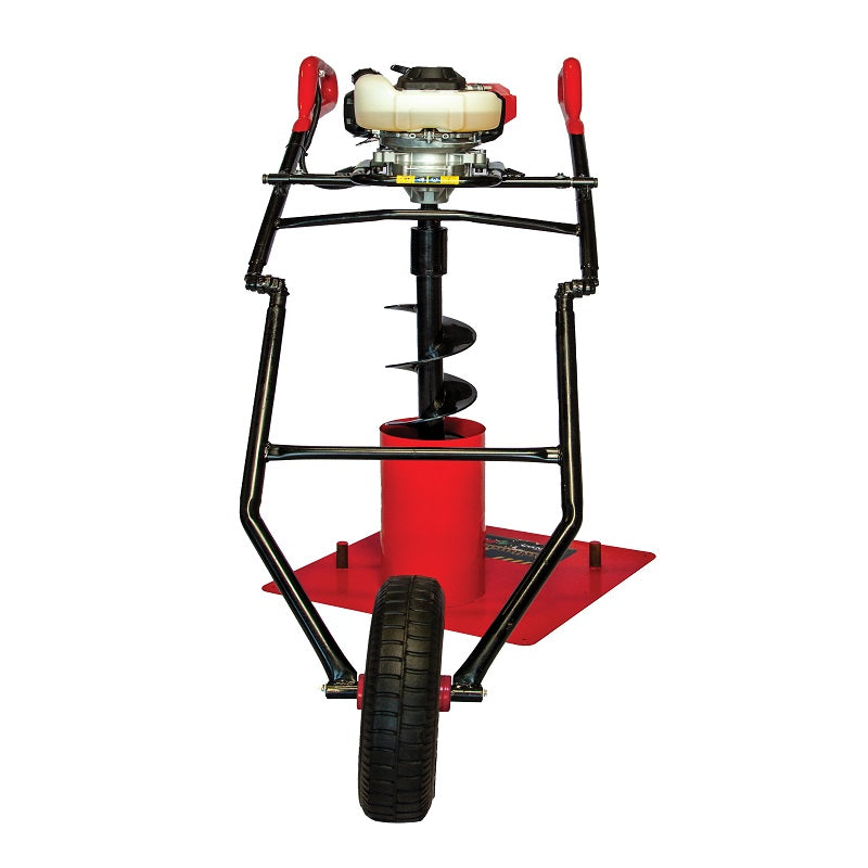 Front view of the Bullmax BMEAW-H50HD wheeled earth auger, showcasing its robust single wheel base, ergonomic handlebars, and vertically mounted auger bit powered by a Honda engine. Ideal for one-person post hole digging in landscaping or fencing applications.