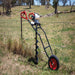 Front profile of the Bullmax BMEAW-H50HD wheeled earth auger, featuring a robust single pneumatic wheel, dual red ergonomic handles, a red steel stabilizing base, and a centrally mounted auger drill. Designed for efficient post hole boring in agricultural and fencing installations.
