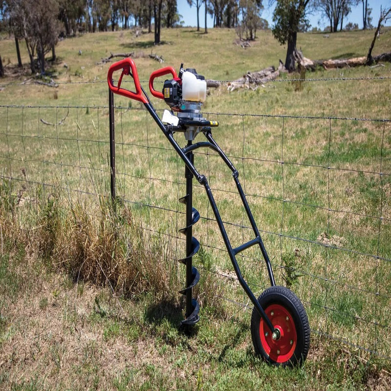 Front profile of the Bullmax BMEAW-H50HD wheeled earth auger, featuring a robust single pneumatic wheel, dual red ergonomic handles, a red steel stabilizing base, and a centrally mounted auger drill. Designed for efficient post hole boring in agricultural and fencing installations.