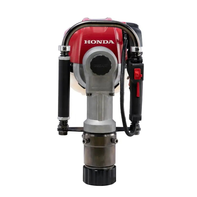  Rear view of the Bullmax BMPD-H80-2 post driver featuring a red Honda GX engine, dual handles for grip, and a black throttle trigger on the right. The tool is designed for heavy-duty post driving tasks with ergonomic handling.