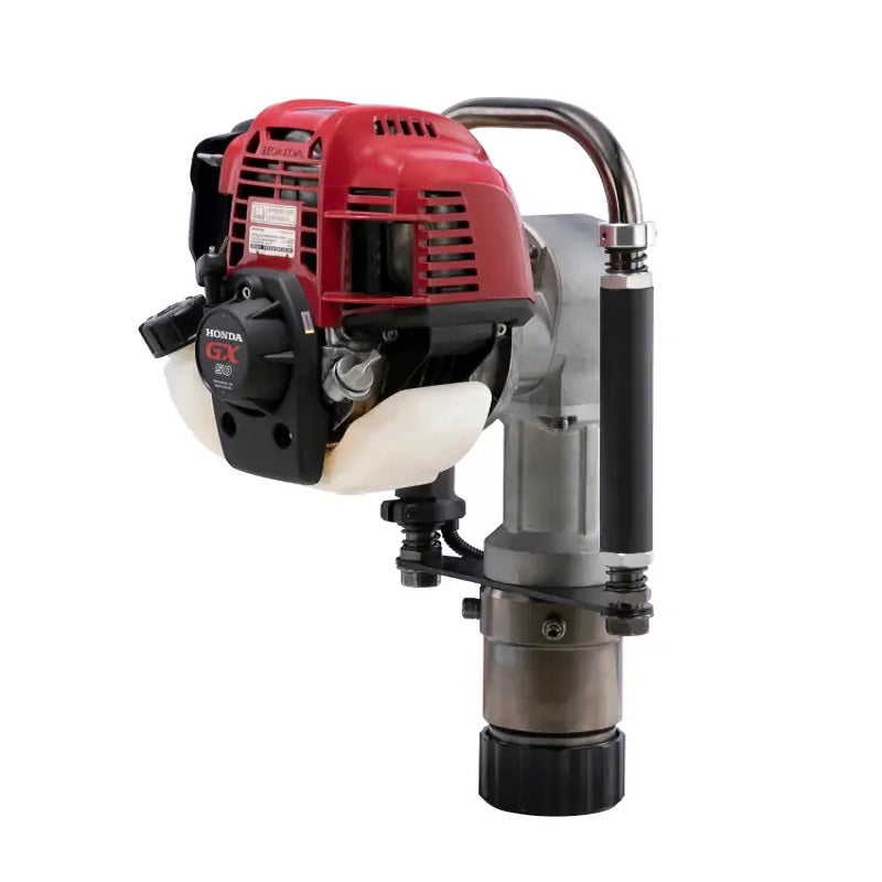 Left side view of the Bullmax BMPD-H80-2 post driver showcasing the red Honda GX35 4-stroke engine, air filter, and fuel tank. Features ergonomic padded handle and a durable cylindrical driving shaft ideal for fencing and post-driving tasks.