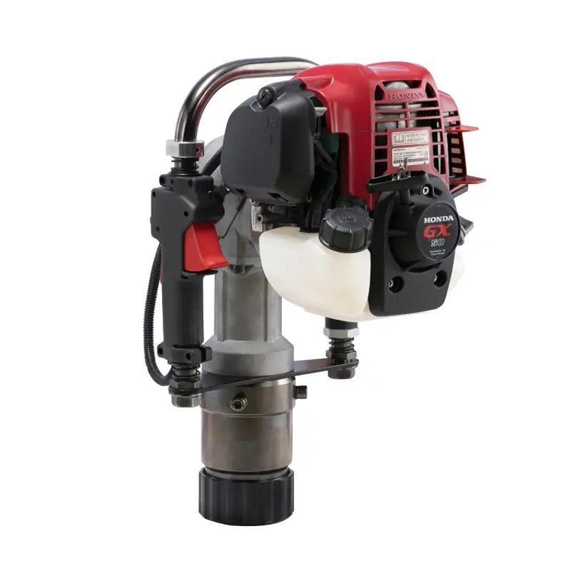 Right Side view of the Bullmax BMPD-H80-2 post driver powered by a red Honda GX35 4-stroke engine. Includes visible fuel tank, recoil starter, ergonomic grip, and metal driving barrel. Built for tough fencing and post installation tasks