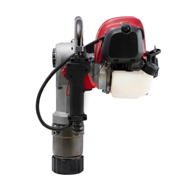 Side profile of Bullmax BMPD-H80-2 post driver featuring a Honda GX35 engine, ergonomic grip with trigger throttle, visible fuel tank, and durable drive cylinder. Ideal for efficiently driving fence posts or stakes in agricultural or landscaping use