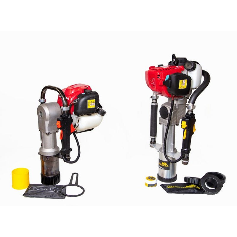 Two Bullmax BMPD-H80-2 post drivers with Honda GX35 engines displayed side by side, along with accessories including toolkit, post driver caps, and fittings. Designed for agricultural or landscaping use, showcasing both units’ ergonomic grips and durable drive systems.
