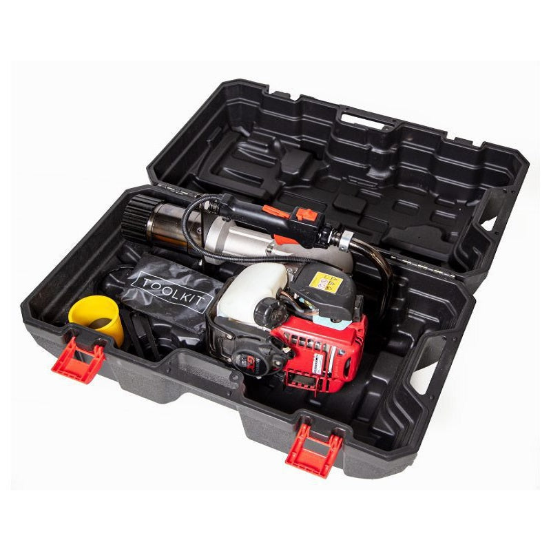 Bullmax BMPD-H80-2 post driver with Honda GX35 engine securely stored in a molded hard carry case. Includes toolkit, fuel cap, and accessories neatly arranged for portability and protection—ideal for transport to agricultural or landscaping job sites.