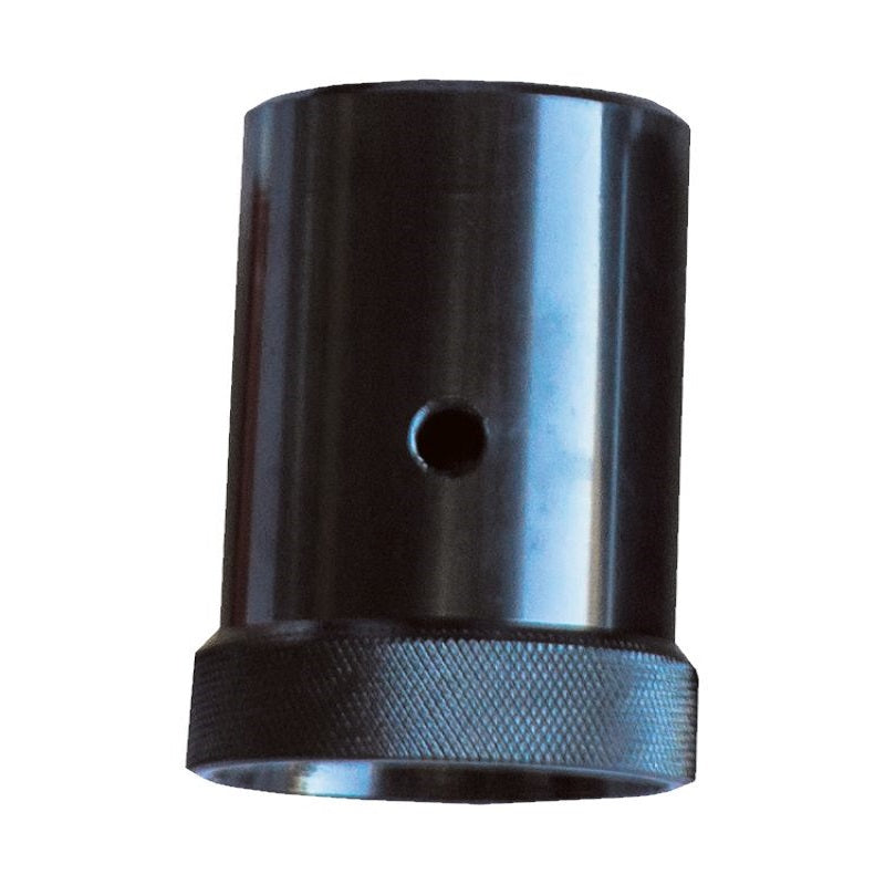 Bullmax 73mm piling socket attachment for post drivers. Precision-machined steel with knurled grip edge and central locking hole for secure fitment. Designed for driving 73mm round posts efficiently, offering durability and control in fencing, construction, and agricultural tasks.