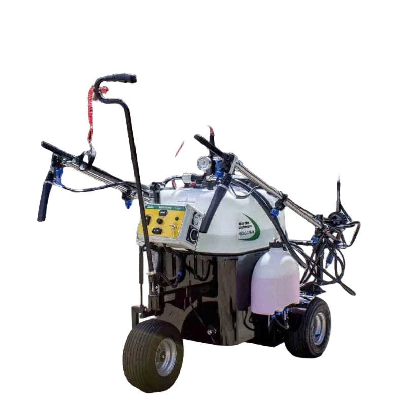 Angled side view of the Martin Lishman Micro-Spray turf sprayer featuring control panel, mounted spray booms, durable wheels, and chemical tank. Designed for precise sports turf and amenity spraying, it provides efficient application, ease of use, and professional grounds maintenance performance.