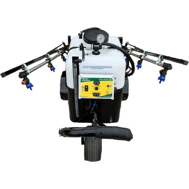Rear view of the Martin Lishman Micro-Spray turf sprayer showcasing the control panel, pressure gauge, and extended spray booms. Designed for sports turf and amenity care, it provides accurate liquid application, easy operation, and reliable coverage for professional grounds management.