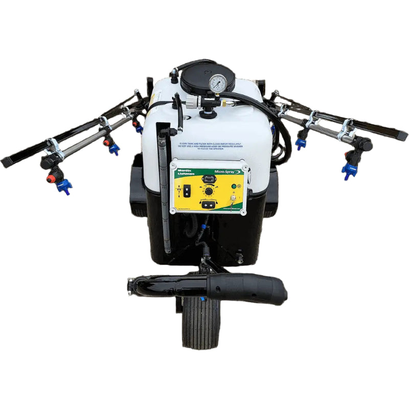 Rear view of the Martin Lishman Micro-Spray turf sprayer showcasing the control panel, pressure gauge, and extended spray booms. Designed for sports turf and amenity care, it provides accurate liquid application, easy operation, and reliable coverage for professional grounds management.