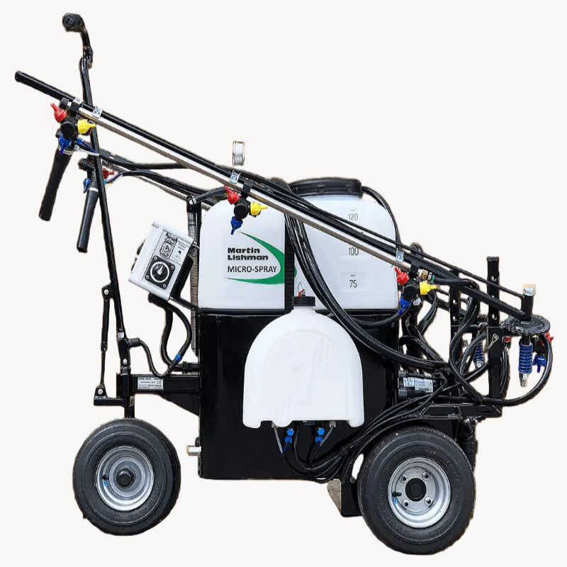 Side view of the Martin Lishman Micro-Spray turf sprayer, featuring dual tanks, precision spray nozzles, and sturdy pneumatic wheels. Designed for sports turf and amenity maintenance, it ensures efficient chemical application, accurate coverage, and professional results for groundskeepers maintaining healthy, playable grass surfaces.