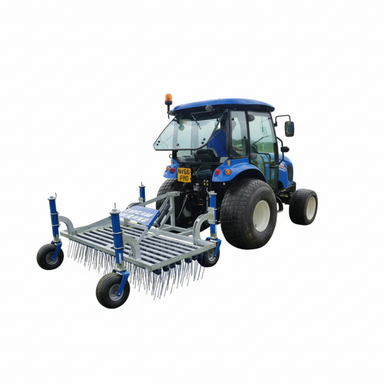 Rear-mounted view of the Campey UniRake attached to a blue tractor, designed for professional turf care. The UniRake features spring tines and support wheels, ideal for removing organic matter, thinning grass, and maintaining sports pitches, golf courses, and natural turf surfaces effectively.