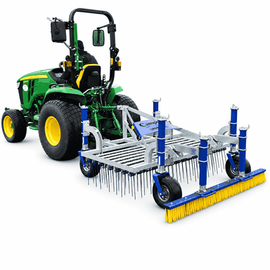 Campey UniRake – Multi-Purpose Turf Grooming Rake shown mounted behind a compact tractor on a white background, featuring spring tines, support wheels, adjustable frame and rear grooming brush.