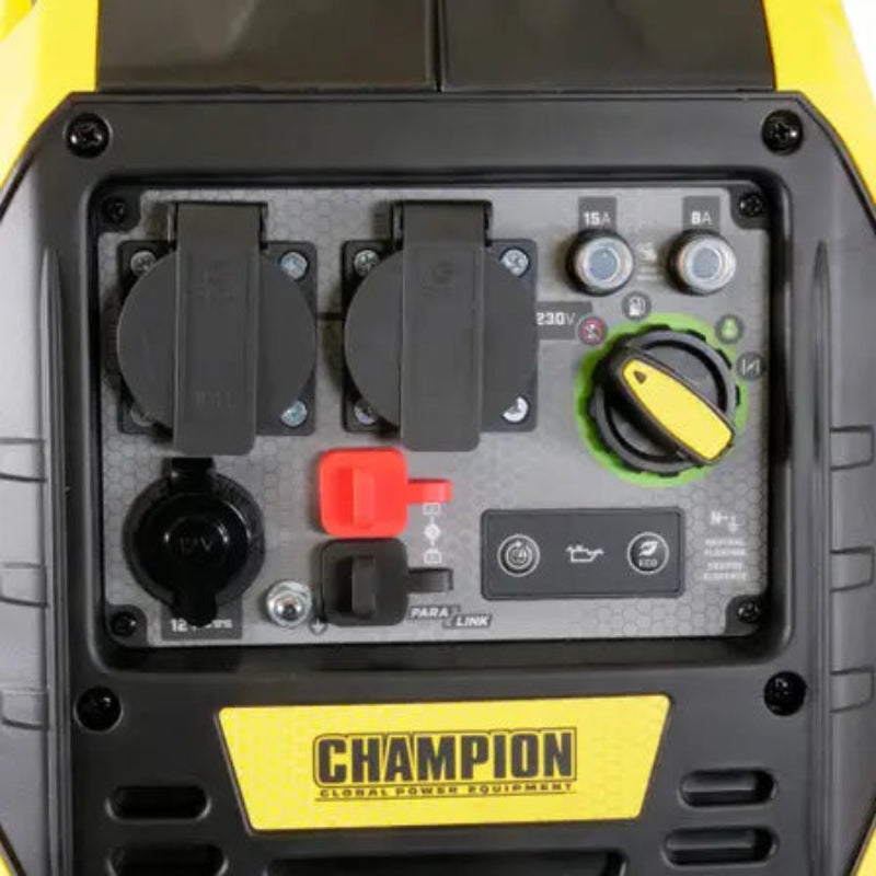 Champion 2500-watt portable inverter generator control panel featuring 230V outlets, 12V DC port, parallel link, and easy-start dial. Compact yellow and black design ideal for camping, RV, or backup power use.