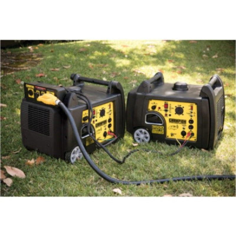 Two Champion 4500-watt inverter generators connected in parallel on grass. Both portable black and yellow units are shown linked with a heavy-duty cable for increased power output, ideal for RVs, camping, or outdoor backup power.