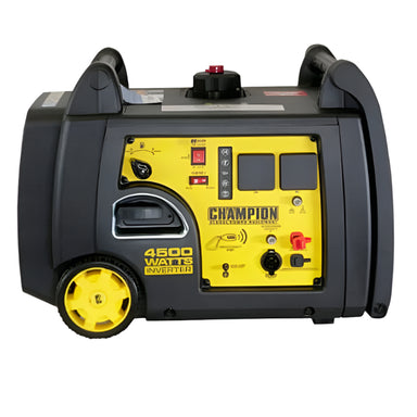 Champion 4500-watt inverter generator with yellow control panel and black casing, featuring digital display, power outlets, and easy-pull handles. Portable design with durable wheels, ideal for outdoor, camping, and backup power use, displayed on white background.