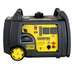 Champion 4500-watt inverter generator with yellow control panel and black casing, featuring digital display, power outlets, and easy-pull handles. Portable design with durable wheels, ideal for outdoor, camping, and backup power use, displayed on white background.