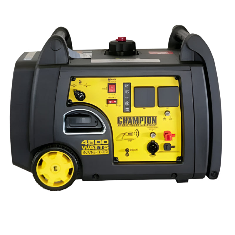 Champion 4500-watt inverter generator with yellow control panel and black casing, featuring digital display, power outlets, and easy-pull handles. Portable design with durable wheels, ideal for outdoor, camping, and backup power use, displayed on white background.