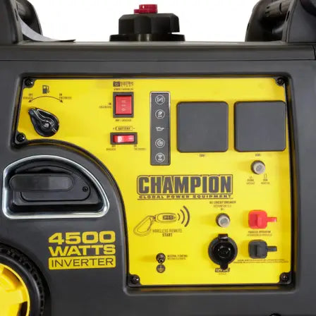Close-up of the Champion 4500-watt inverter generator control panel with yellow front face. Features include digital display, power outlets, ignition switch, and USB ports, ideal for portable power and camping use, shown on white background.