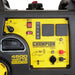 Close-up of the Champion 4500-watt inverter generator control panel with yellow front face. Features include digital display, power outlets, ignition switch, and USB ports, ideal for portable power and camping use, shown on white background.