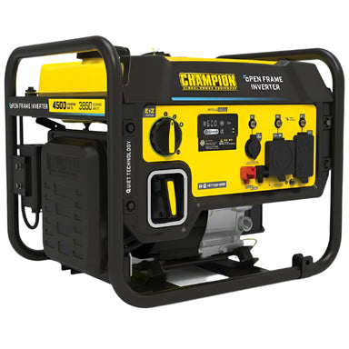 Champion 4500-watt open frame inverter generator featuring a yellow control panel with outlets and switches, black steel frame, and quiet technology design. Ideal for home backup, job sites, and outdoor power applications, shown on white background.