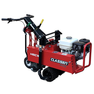 Right-side perspective of a red Classen PRO HSC18A5 sod cutter, showcasing a white fuel tank, black engine, spiked drive wheel, and dual front wheels. The machine includes yellow and green control levers and displays the “CLASSEN PRO” branding, all set against a plain white backdrop.