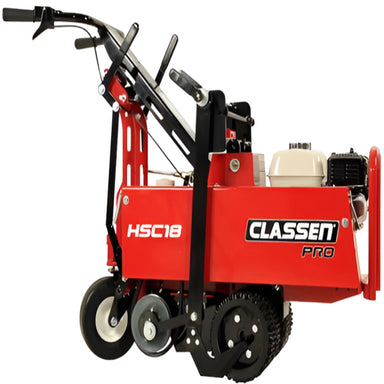 Left-side view of red Classen HSC18 PRO sod cutter with dual front wheels, black handles, spiked rear drive wheel, and white fuel tank. The side is labeled “HSC18” and “CLASSEN PRO,” shown against a clean white background.