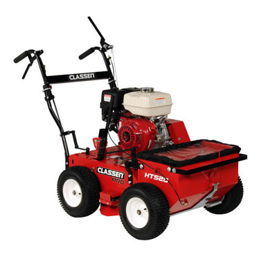 Angled view of red Classen HTS20 PRO hydrostatic overseeder with wide pneumatic tires, white fuel tank, red engine, black handlebars, and a seed hopper covered in clear plastic with black trim. Displayed on a plain white background.