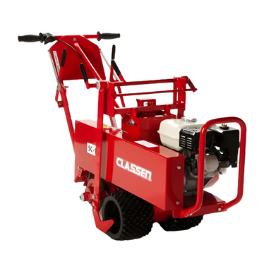 Front-right angle view of a red Classen SC sod cutter featuring black handle grips, twin rear spiked drive wheels, a white fuel tank with black engine casing, and protective red engine guard, displayed on a plain white background.