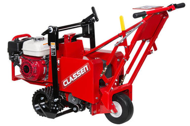 Rear-left angle view of a red gear-driven sod cutter with visible CLASSEN branding, black and yellow control levers, white front caster wheel, and red engine housing. Displayed against a plain white background with detailed mechanical components and drive wheel clearly shown.