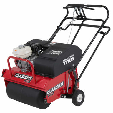 Classen-PRO-POWERSTEER-Aerator-main view showing front-side angle of TA25DA 25" PowerSteer™ PRO Aerator with Honda GX120 engine, red steel housing, dual handlebar system, wide black aeration drum, and Classen PRO branding for commercial lawn care use.
