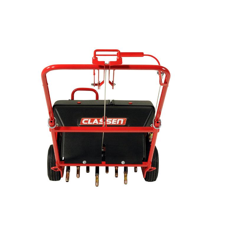 Rear view of the Classen RA-21H reciprocating core aerator showing multiple tines for deep soil aeration and professional lawn maintenance.